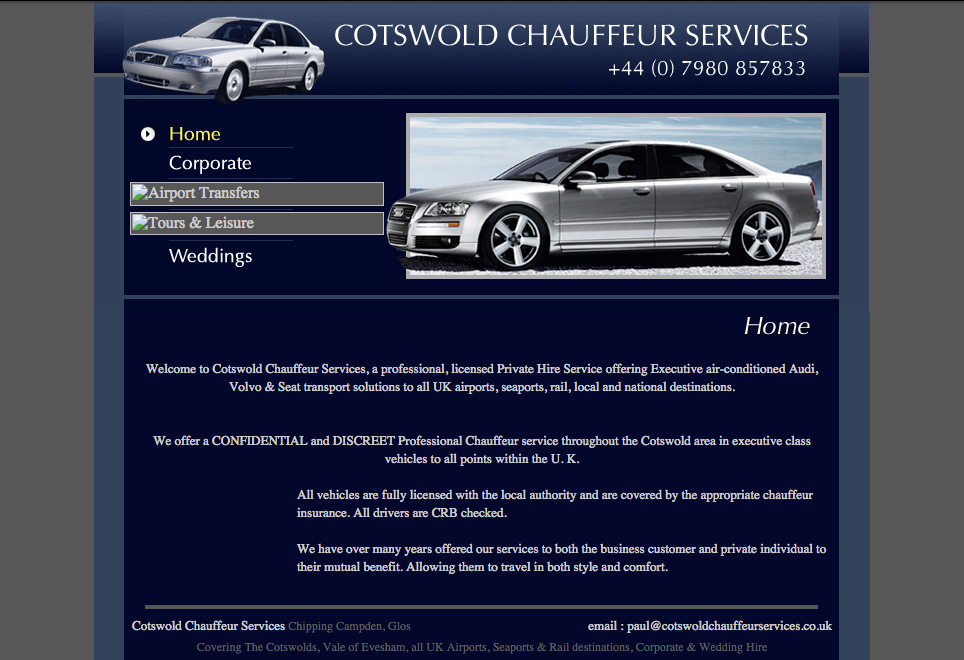 Previous website homepage of Cotswold Chauffeur Services